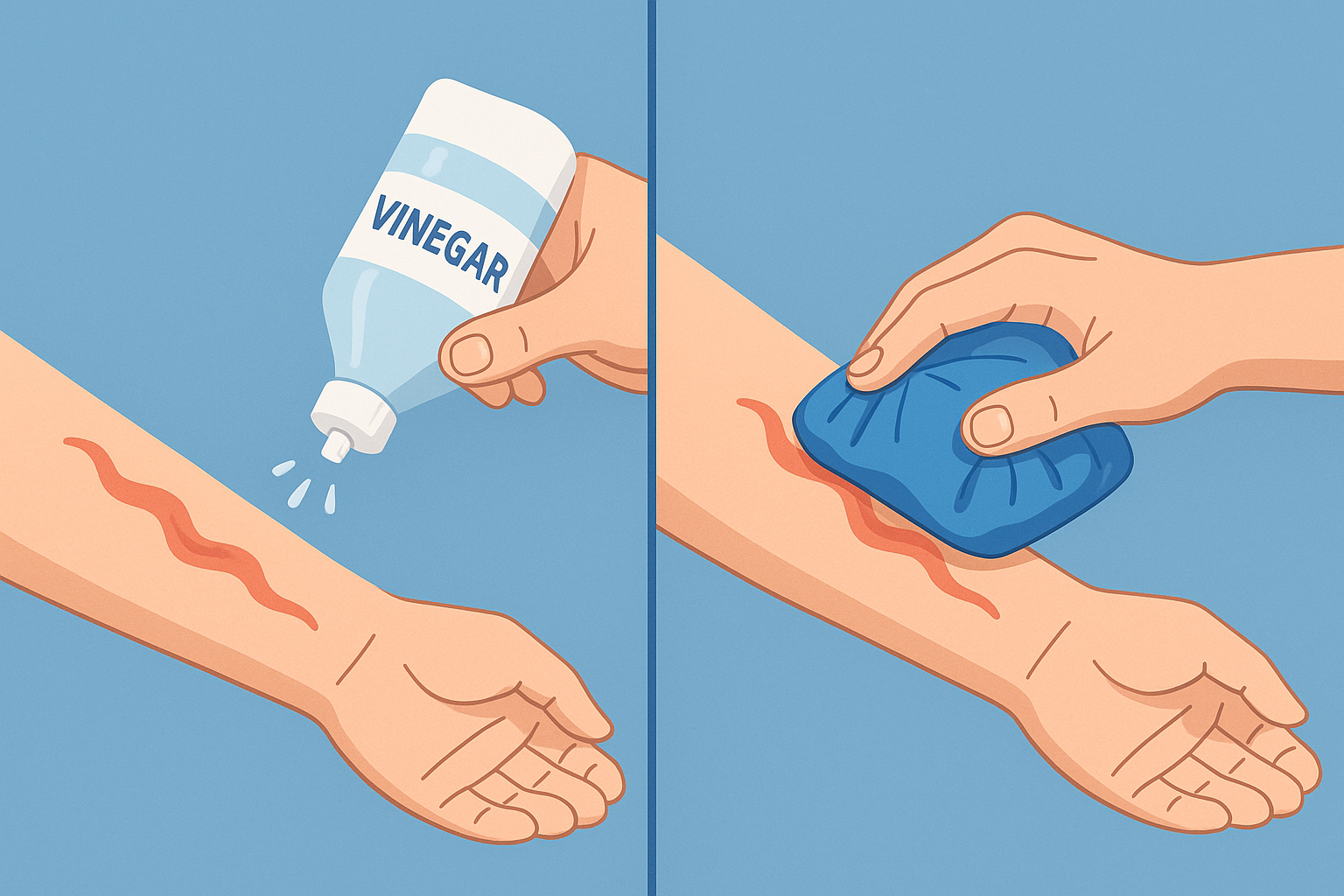 해파리 쏘임 자국에 식초를 뿌리는 장면과 얼음찜질로 진정시키는 장면이 나란히 표현된 16:9 응급처치 일러스트