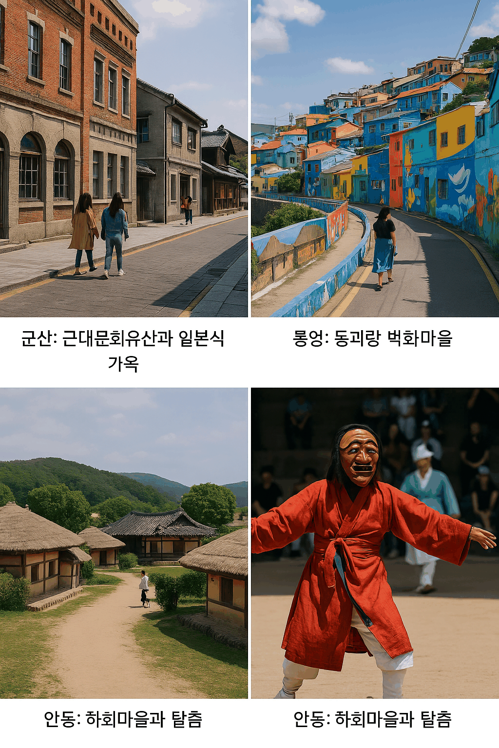 한국의 소도시 군산, 통영, 안동의 문화유산과 풍경을 담은 여행지 콜라주