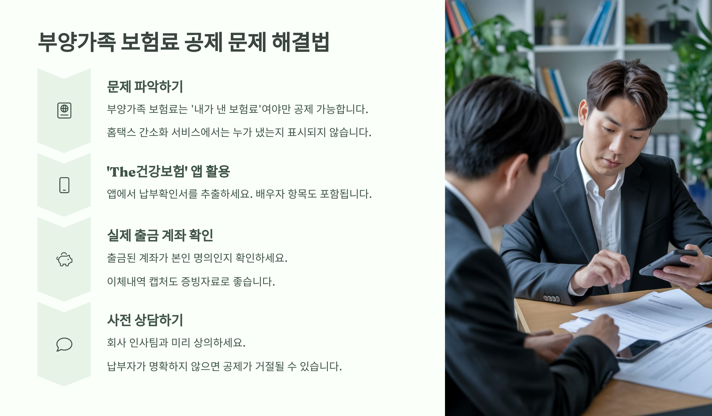 부양가족 보험료 공제가 안 된 경우를 순서대로 해결하는 방법의 이미지 입니다.