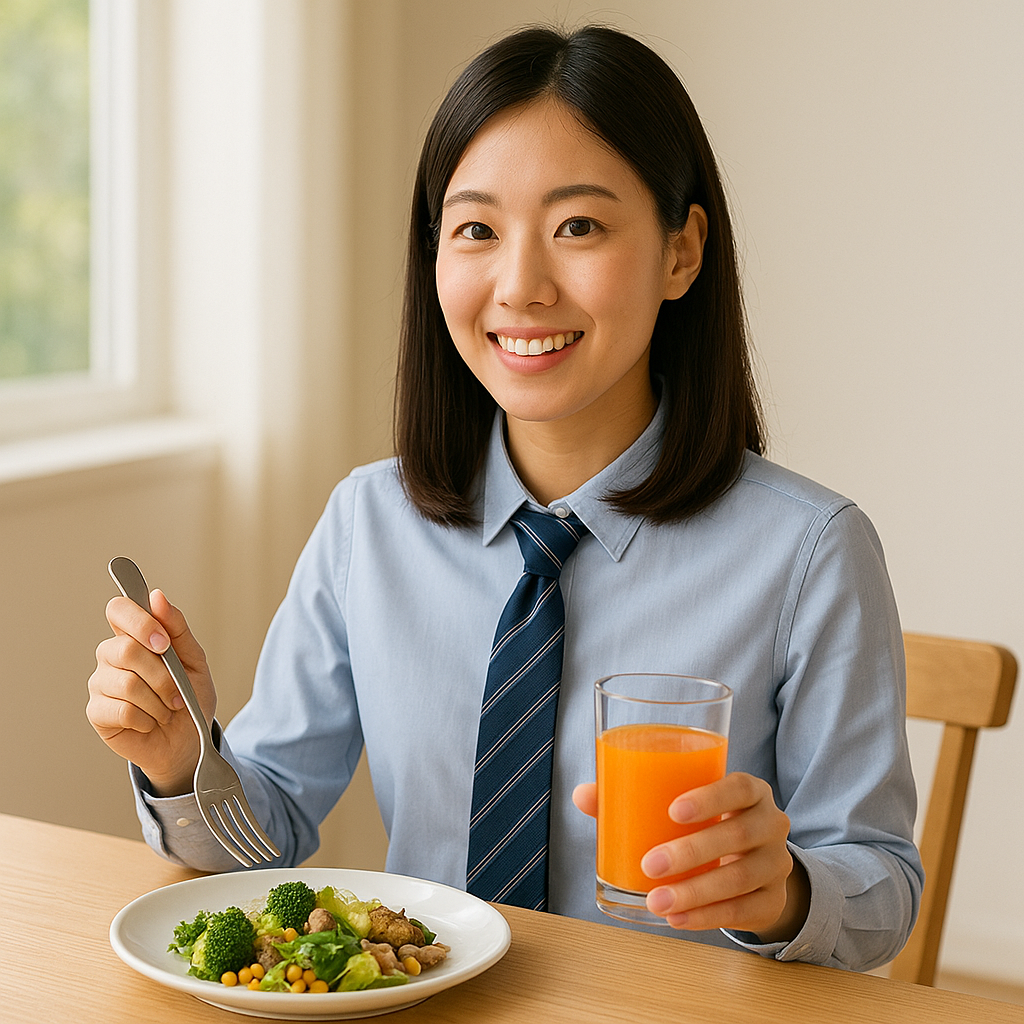 밝은 식탁, 한국인 직장인이 점심 식사 후 물 한 잔과 함께 붉은 캡슐을 삼키는 모습