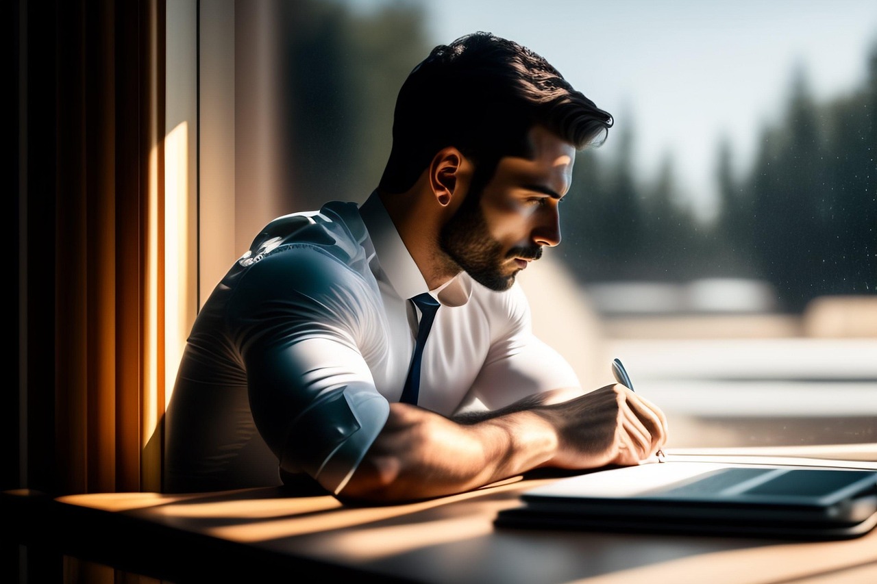 a company worker studying GMAT in the library
