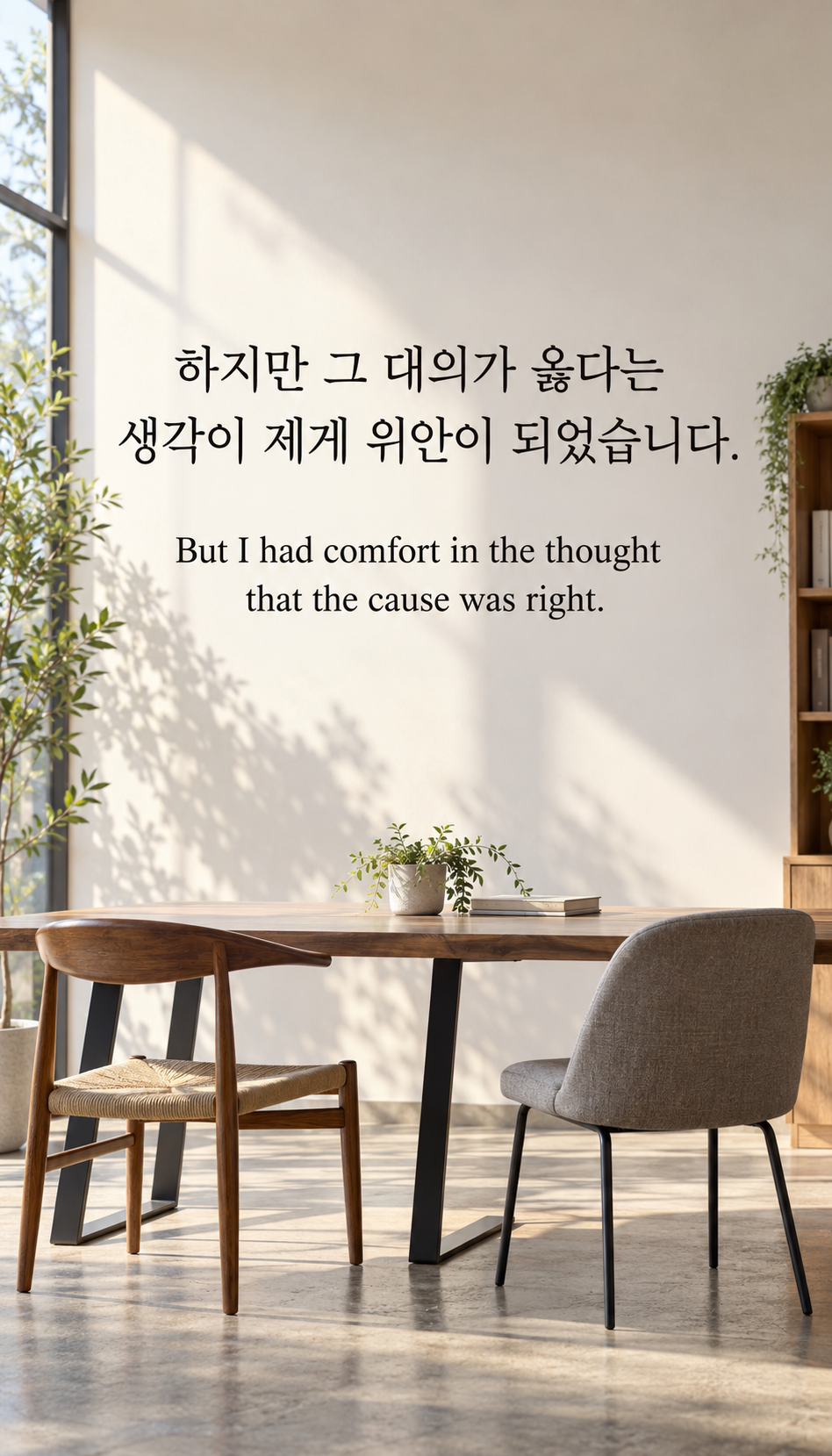 하지만 그 대의가 옳다는 생각이 제게 위안이 되었습니다. &mdash; 같은 테이블에 놓인 서로 다른 의자, 디지털카메라 사진풍