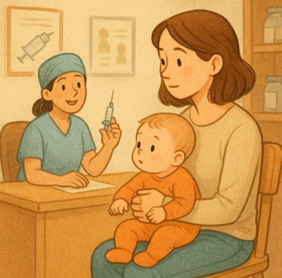 예방접종을 기다리는 아기와 보호자, 소아과 진료실 풍경