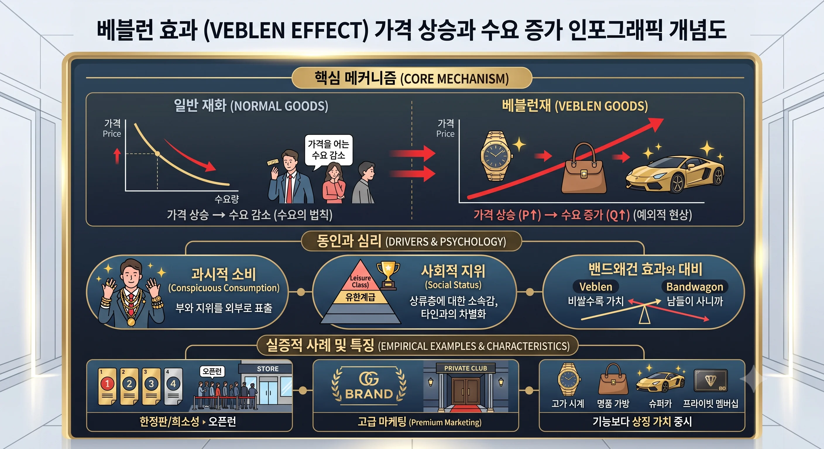 가격 상승과 수요 증가를 나타내는 베블런 효과 개념도