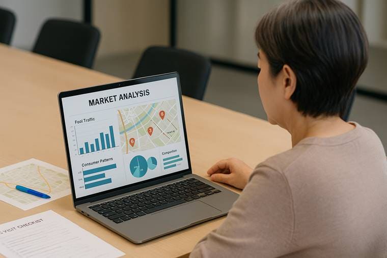 상권 분석 그래프를 진지하게 검토 중인 외식업 점주의 모습 창업 입지 결정 단계