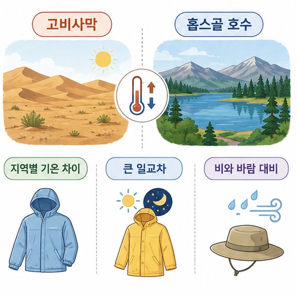 더운 고비사막과 서늘한 홉스골 호수의 기온 차이를 비교하고 바람막이와 우비를 준비하는 모습을 보여주는 그림