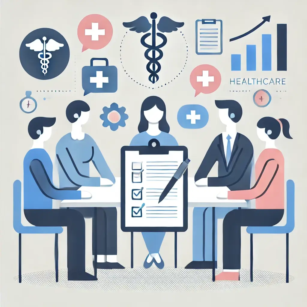 관리급여 제도와 의료 정책 변경을 논의하는 모습을 나타낸 일러스트.