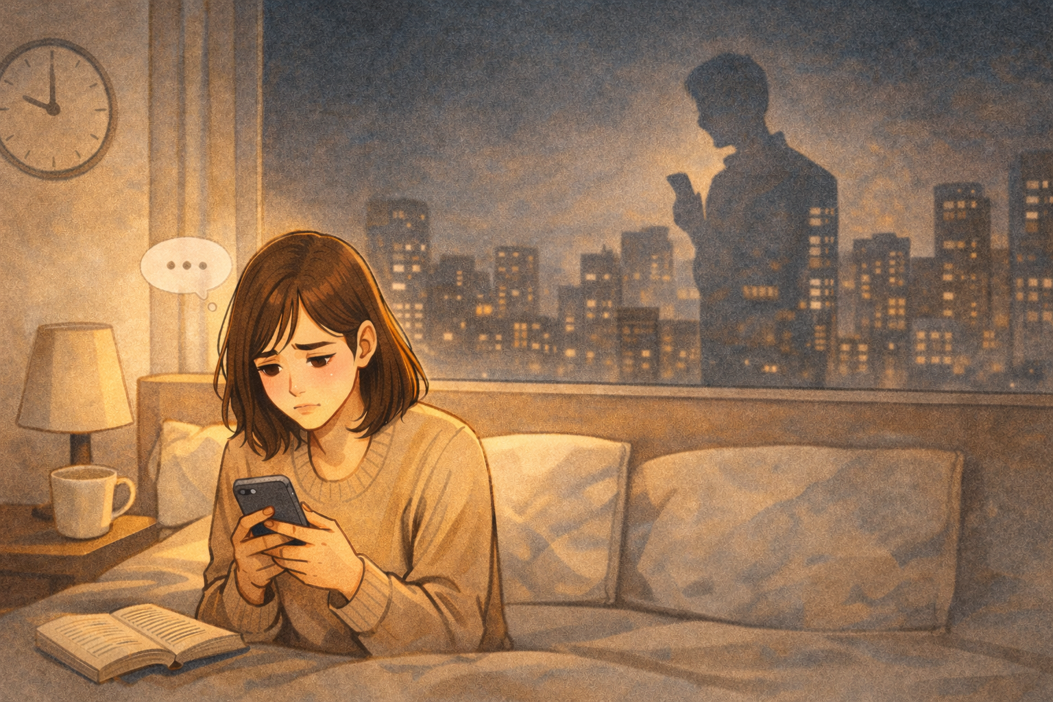 관계 불안을 줄이기 위해 반복적인 확인 대신 서로의 감정을 나누며 안정된 관계로 변화해 가는 모습을 표현한 심리 삽화