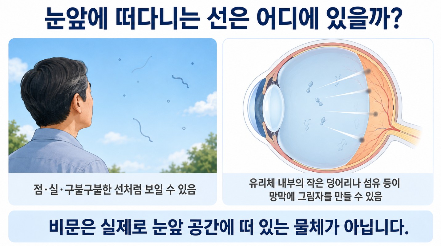 눈 속 유리체의 작은 덩어리나 섬유가 망막에 그림자를 만들어 점과 구불구불한 선처럼 보이는 비문증 원리