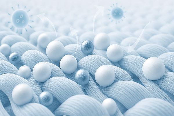 항균 입자가 삽입된 섬유 구조와 미생물 차단 효과를 시각적으로 표현한 클로즈업