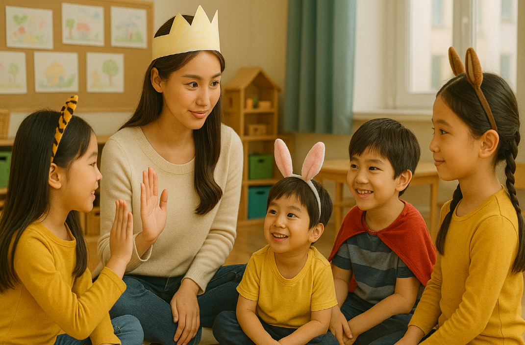 유치원의 역할극 수업에 빠져있는 어린이들 모습