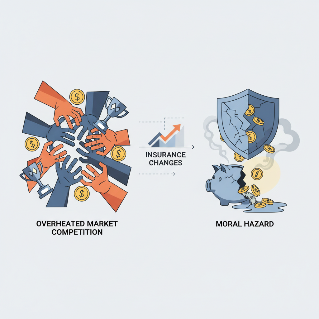 운전자보험 약관 개정의 원인인 과열 경쟁과 도덕적 해이를 상징하는 이미지. 많은 손들이 돈을 향해 달려드는 모습과 깨진 저금통 또는 갈라진 방패가 보험 사기와 손해율 증가를 암시.