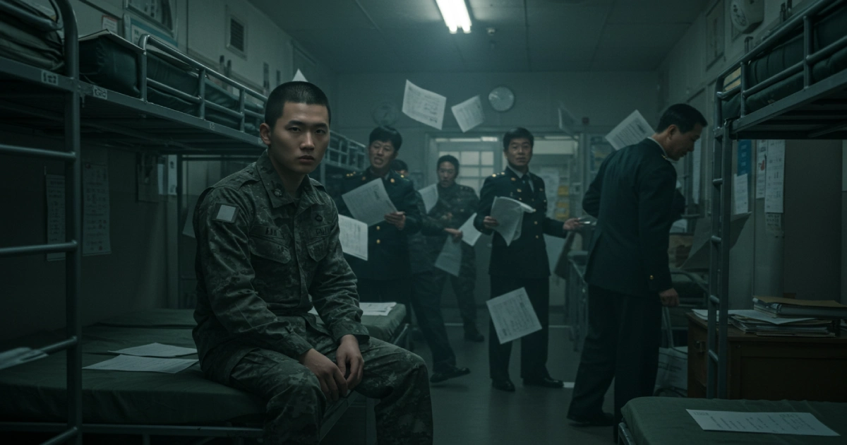 한국 군대에서 혼란스러운 분위기 속 병사가 앉아 있는 장면