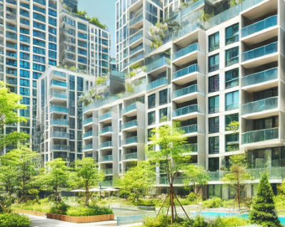 푸른 나무가 있는 아파트 모습