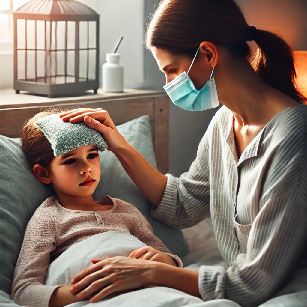 홍역에 걸린 아이를 걱정하는 엄마 사진