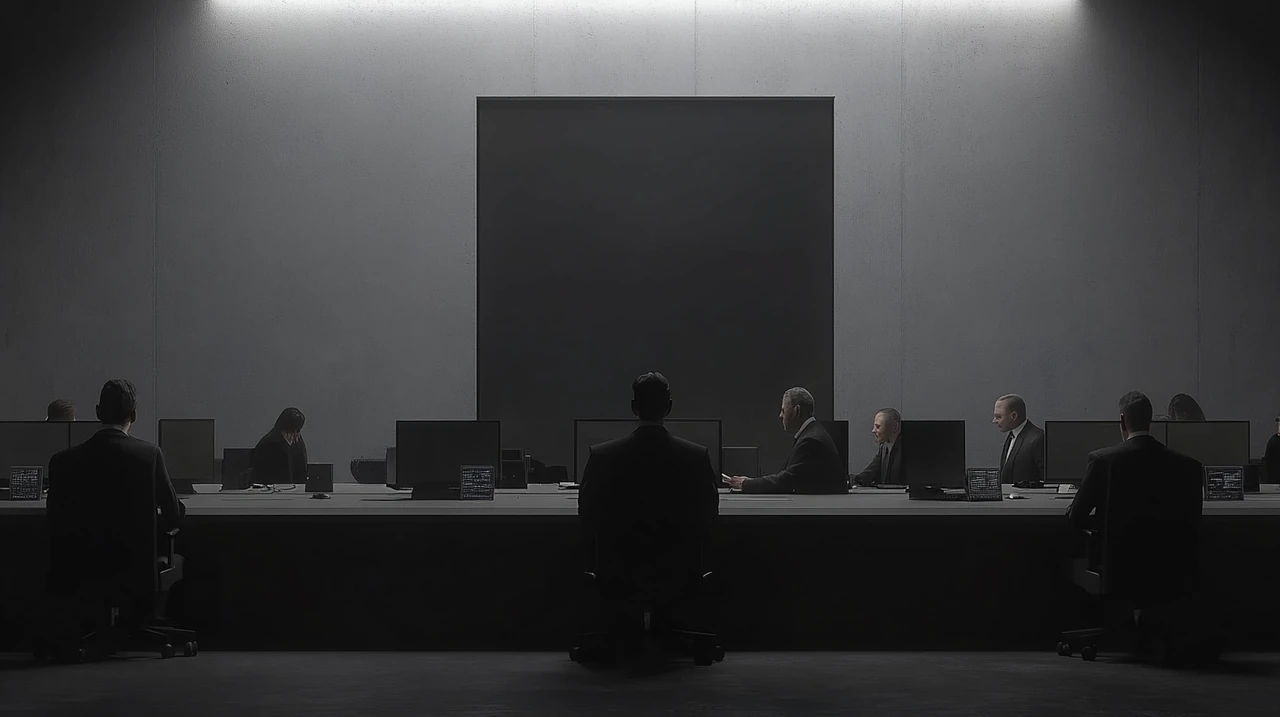 투자자들이 현대적 사무실에서 기술 주식을 분석하는 장면, 금융 투자 전략, 시장 동향, 집중된 분위기