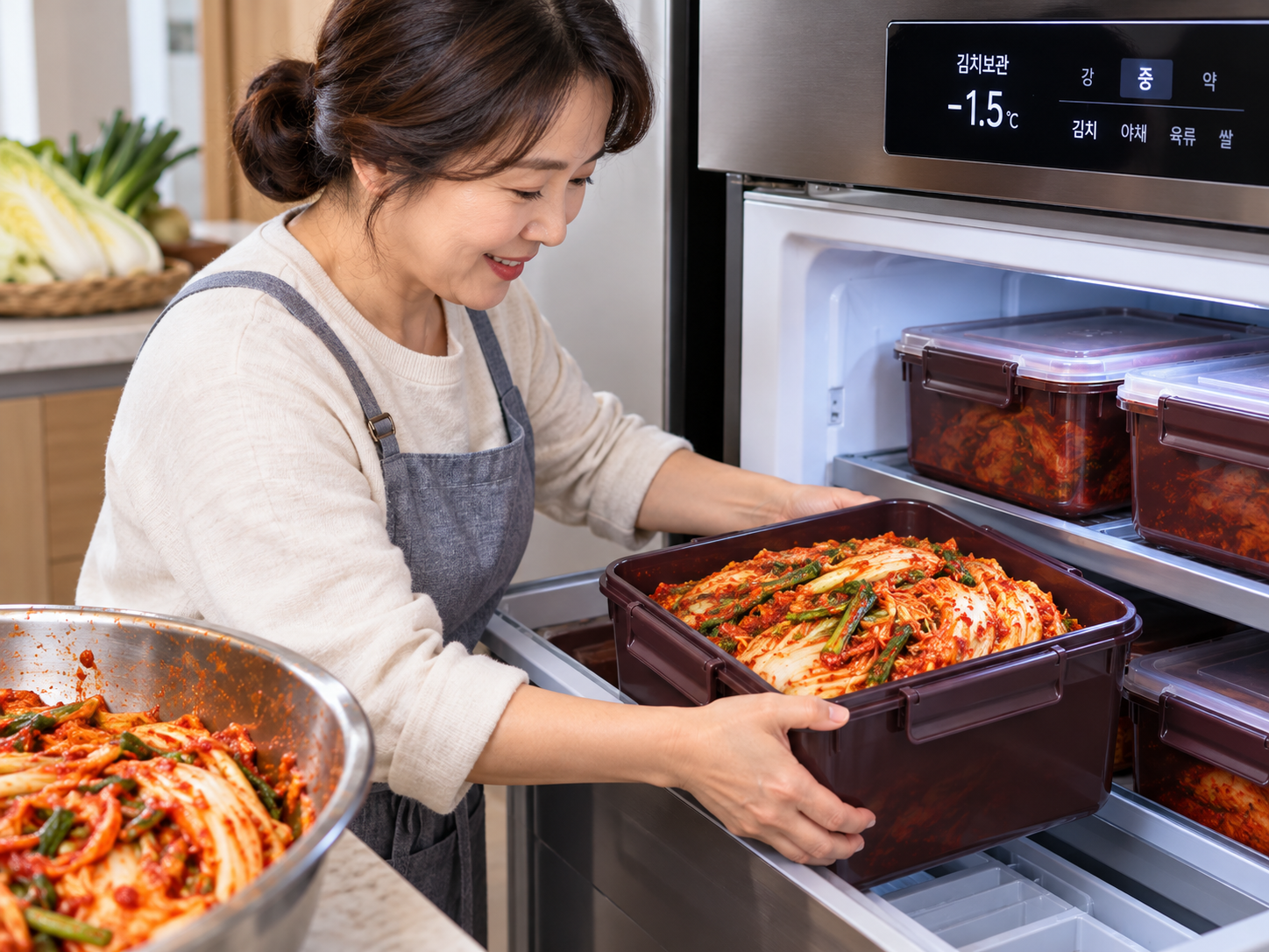 갓 담근 김장김치를 김치통에 담아 김치냉장고에 보관하는 모습