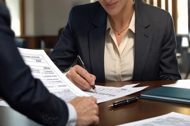 서류를 검토하며 상담 중인 두 사람의 모습. 신청서나 행정 문서를 확인하는 장면.