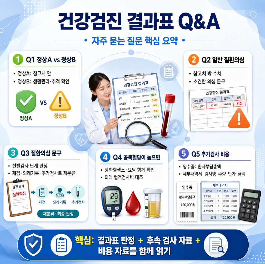 건강검진 결과표 Q&amp;A에서 정상A&middot;정상B 차이, 질환의심 문구, 공복혈당, 추가검사 비용 확인 기준을 요약한 인포그래픽