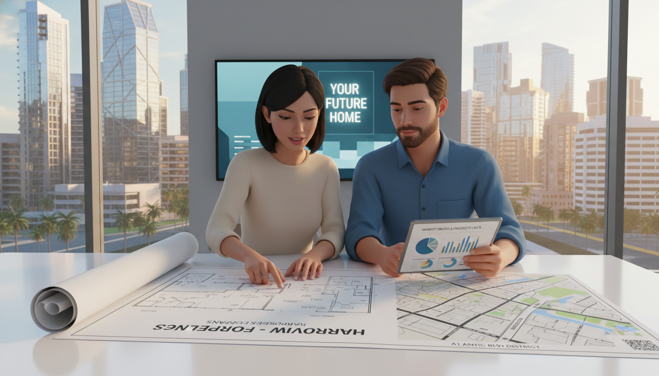 아파트 도면과 태블릿으로 부동산 데이터를 분석하며 임장을 준비하는 젊은 커플의 3D 일러스트