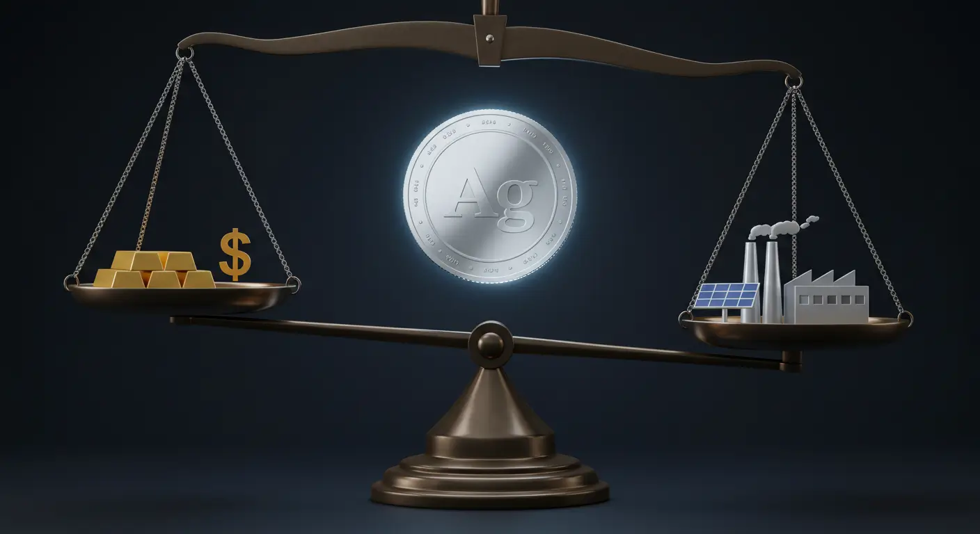 금과 달러 가치, 그리고 산업 수요가 은(Silver)의 가격 균형에 영향을 미치는 것을 상징하는 저울 이미지