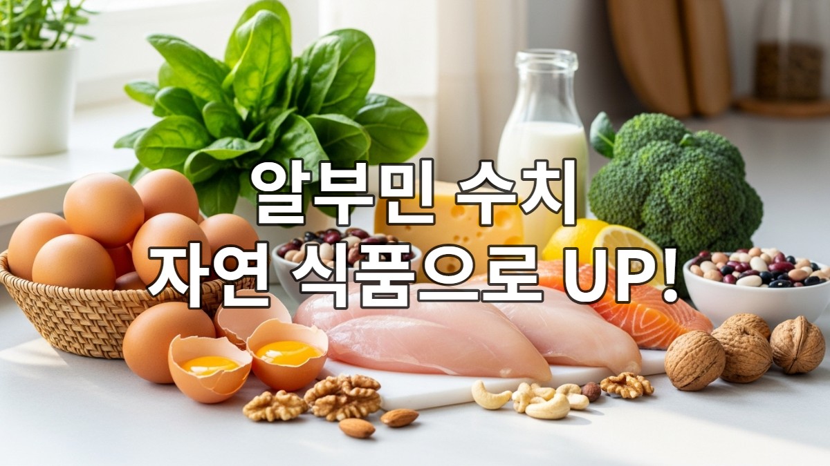 알부민 수치를 높이는 데 좋은 계란, 살코기, 생선, 콩류, 유제품, 채소 등 다양한 자연 식품들이 풍성하게 차려진 건강한 식탁.