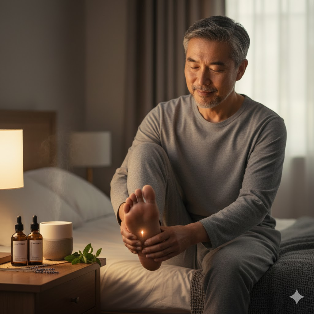 조명이 어두운 침실에서 50대 이상의 남성이 침대에 앉아 편안한 표정으로 자신의 발에 마사지 오일을 바르고 마사지하는 모습. 옆에는 숙면을 돕는 라벤더, 마조람 에센셜 오일 병이 놓여 있습니다.