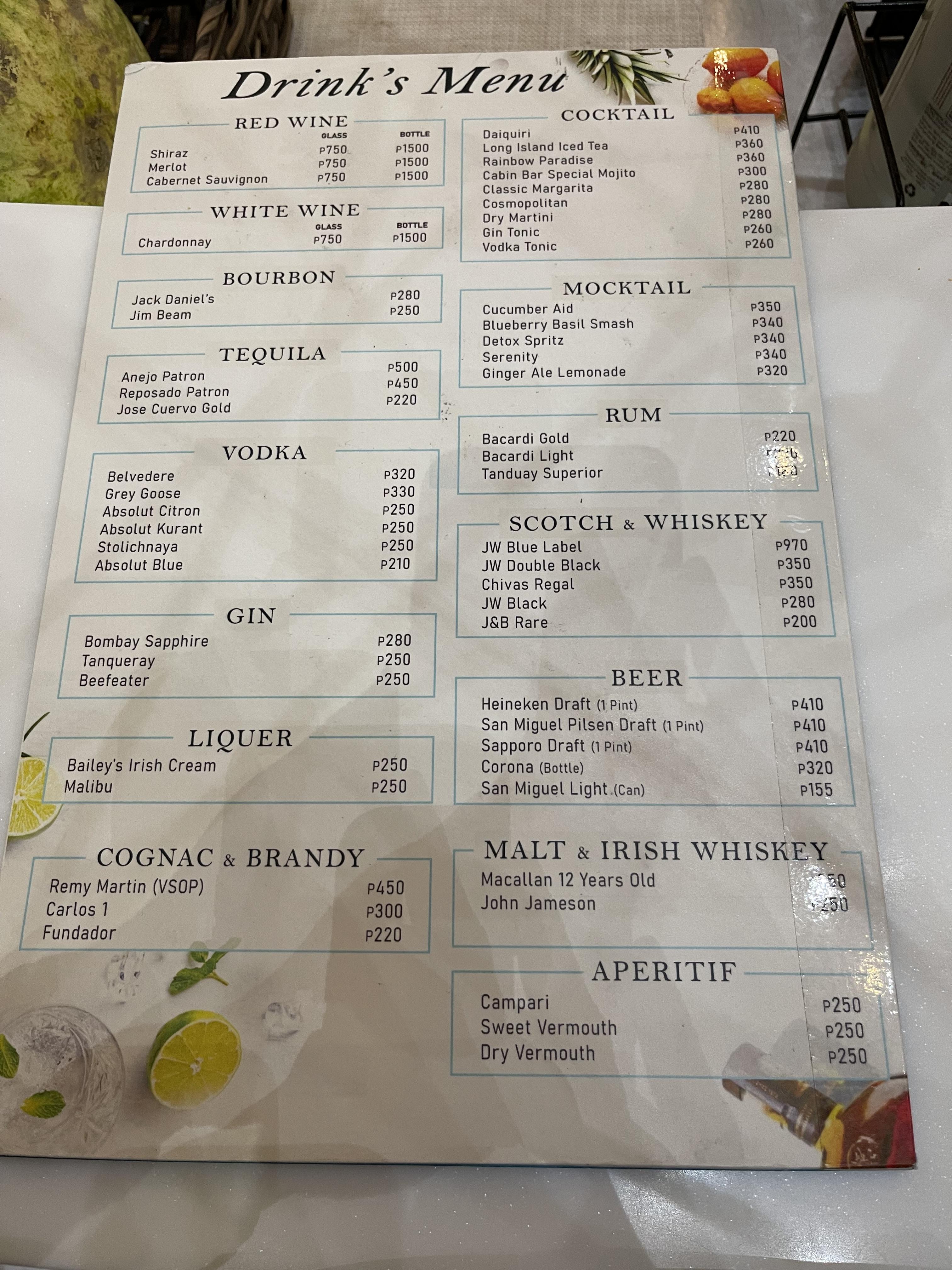 막탄-세부 국제공항 바 메뉴