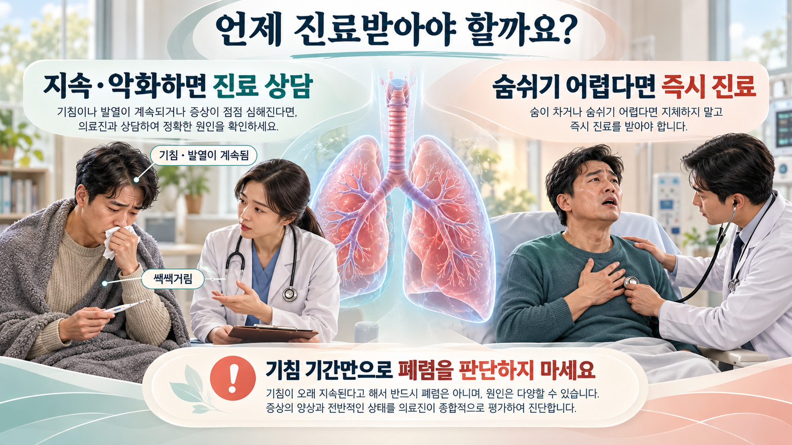 기침&middot;발열의 지속과 악화는 진료 상담, 숨쉬기 어려움은 즉시 진료가 필요함을 구분한 입체 의료 안내 인포그래픽