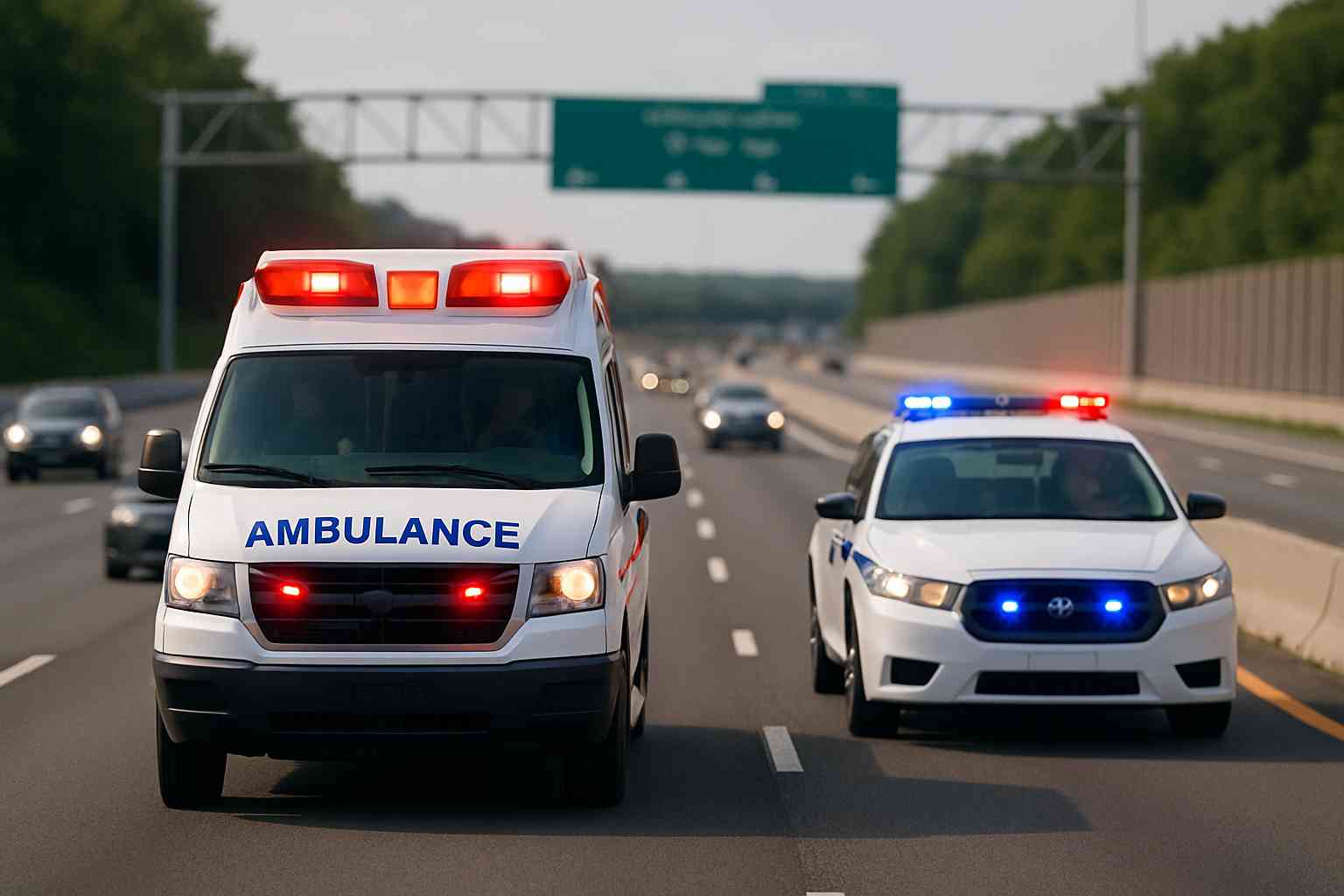 고속도로 위에서 긴급등을 켠 구급차와 경찰차가 나란히 주행 중인 모습