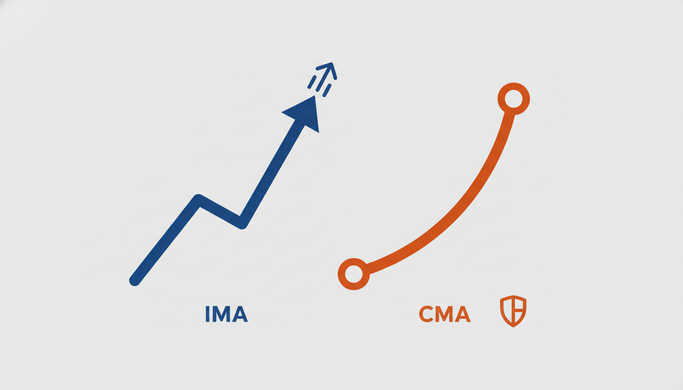 두 가지 금융 상품의 수익률을 비교하는 그래프 이미지입니다. 한 그래프는 가파르게 상승하여 높은 수익률을 나타내고, 다른 그래프는 완만하지만 꾸준히 상승하는 모습을 보여줍니다. 깔끔한 플랫 디자인 스타일입니다.