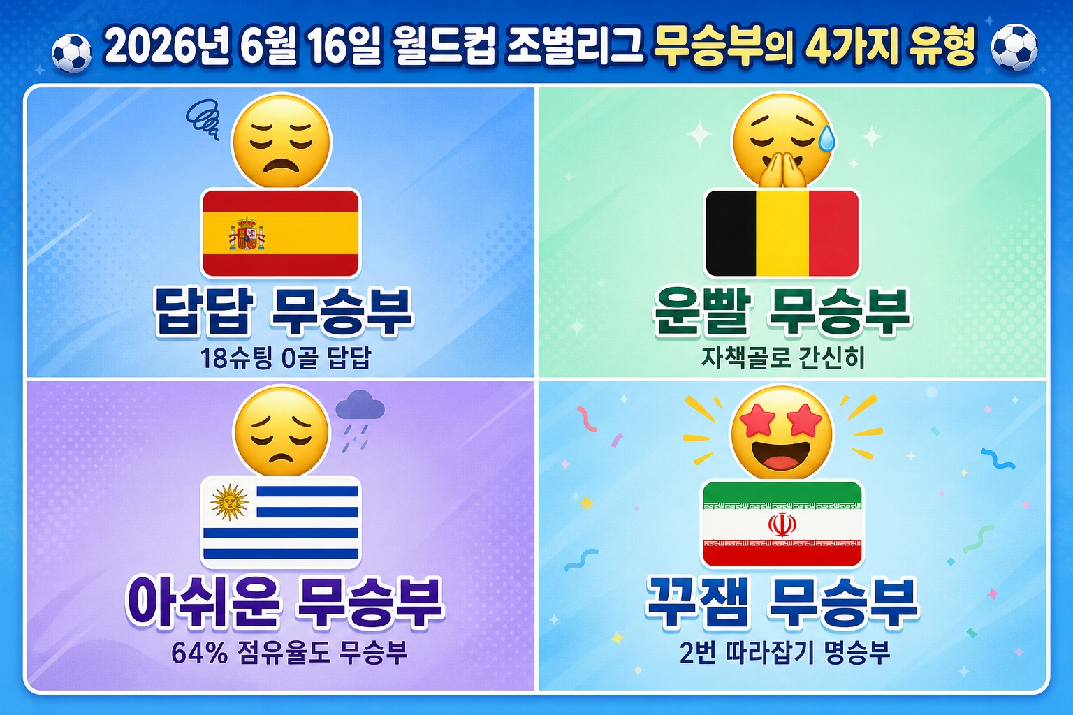 월드컵 6월 16일 4가지 무승부 유형 분류 답답 운빨 아쉬운 꾸잼 초보자 일러스트