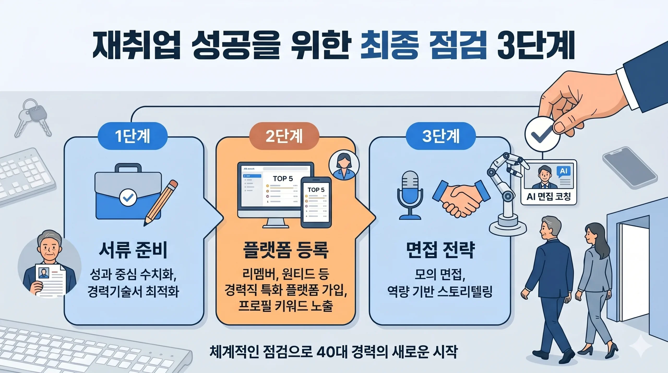 서류 준비, 플랫폼 등록, 면접 전략으로 이어지는 재취업 성공을 위한 최종 점검 3단계 과정을 단계별 아이콘과 함께 설명한 흐름도 인포그래픽.