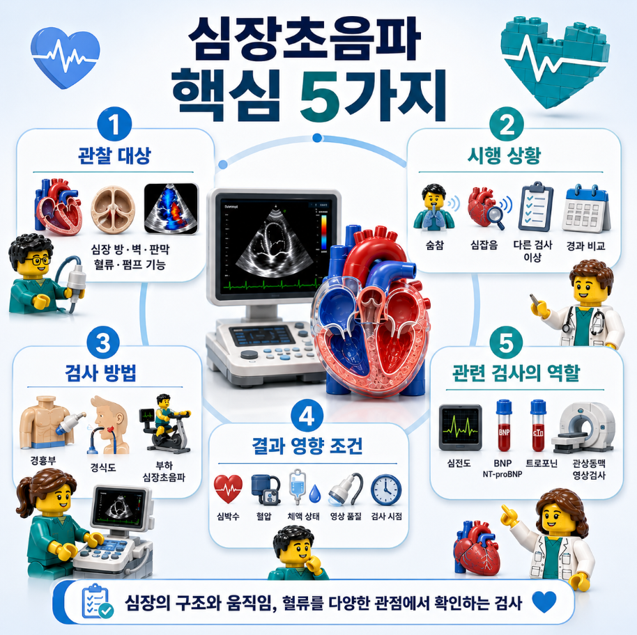 심장초음파 핵심 5가지와 검사 대상, 검사 방법, 결과 영향 조건, 관련 검사를 요약한 의료 인포그래픽