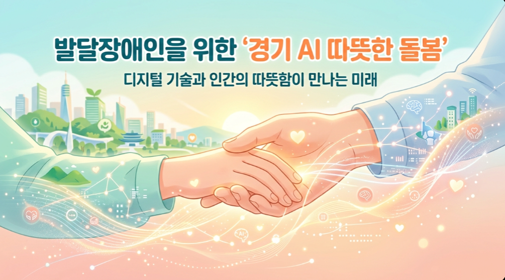 &bull; 경기도의 AI 기반 발달장애인 돌봄 정책을 상징하는 밝고 따뜻한 이미지.