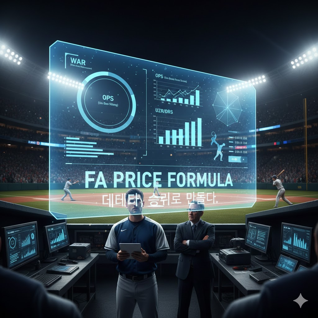 데이터로 승리를 만든다는 타이틀로 야구 경기장 그래픽을 배경으로 데이터 인포그래픽 이미지