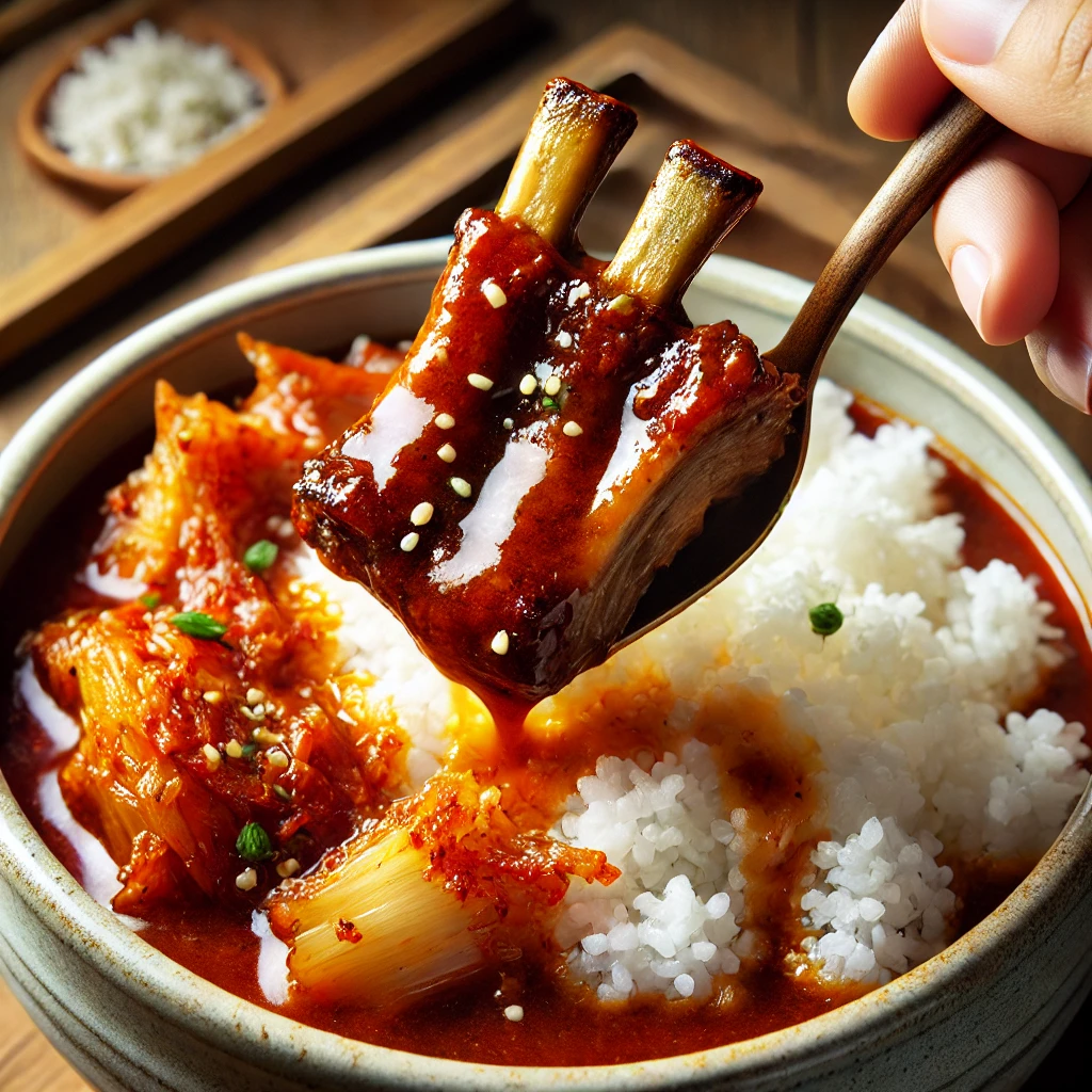 돼지갈비 김치찜 국물에 밥을 비벼 먹는 장면