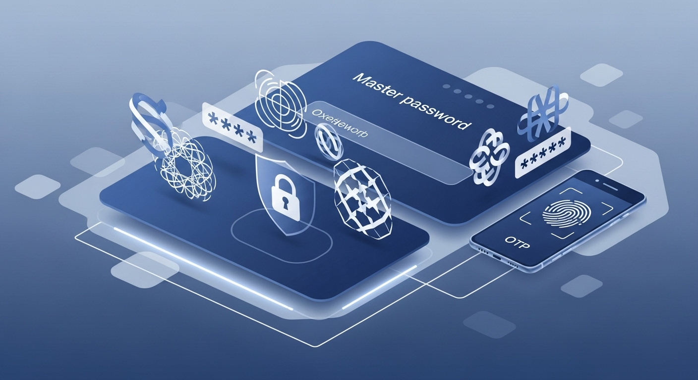 복잡하고 고유한 비밀번호를 안전하게 관리하는 비밀번호 관리자 앱 화면과 2단계 인증 아이콘