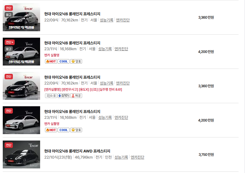 현대 아이오닉6 중고차 가격 시세표 유지비