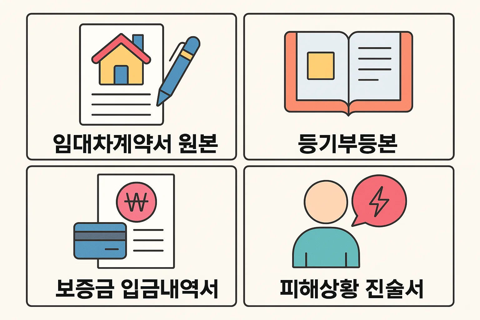 임대차계약서 원본, 등기부등본, 보증금 입금내역서, 피해상황 진술서 등 전세사기 피해 지원 신청 시 반드시 준비해야 할 서류를 정리한 인포그래픽입니다.