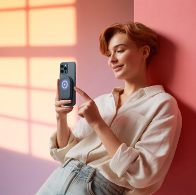 맥세이프그립톡을 장착하고 아이폰을 사용중인 여성모습