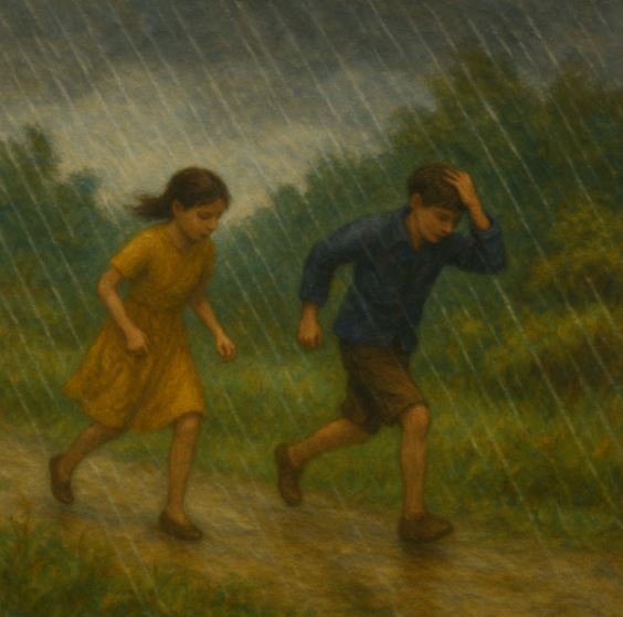 시골의 흙길 위에서 소낙비를 피해 달리는 소년과 소녀의 모습