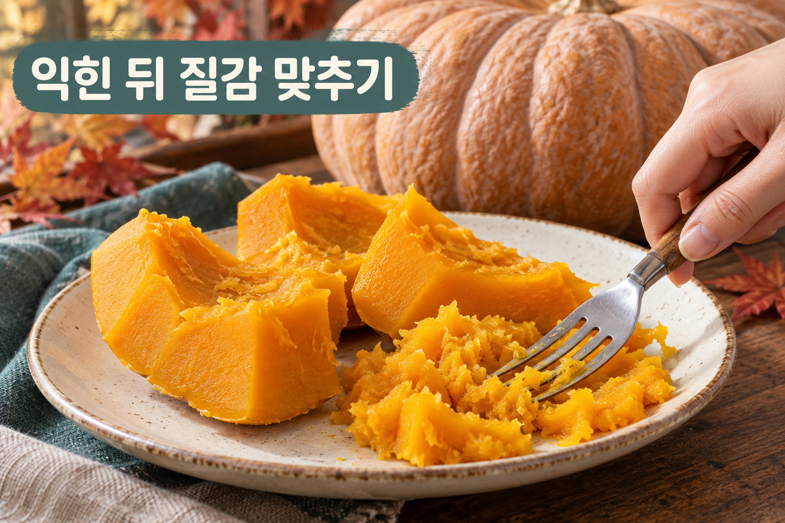 익힌 늙은호박을 포크로 눌러 조각과 으깬 질감을 살피는 장면.