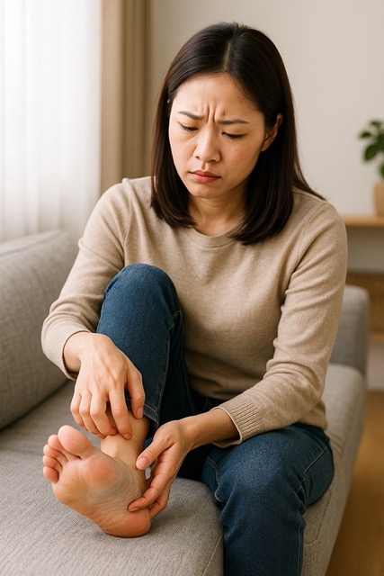 발바닥 가려움을 느끼며 긁고 있는 여성의 모습(출처: 자체제작)