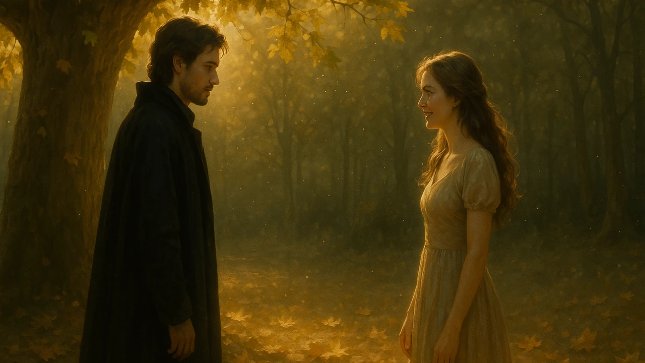 플라타너스 나무 아래에서 마주한 마티어스와 레일라의 운명적 만남을 표현한 서정적인 일러스트