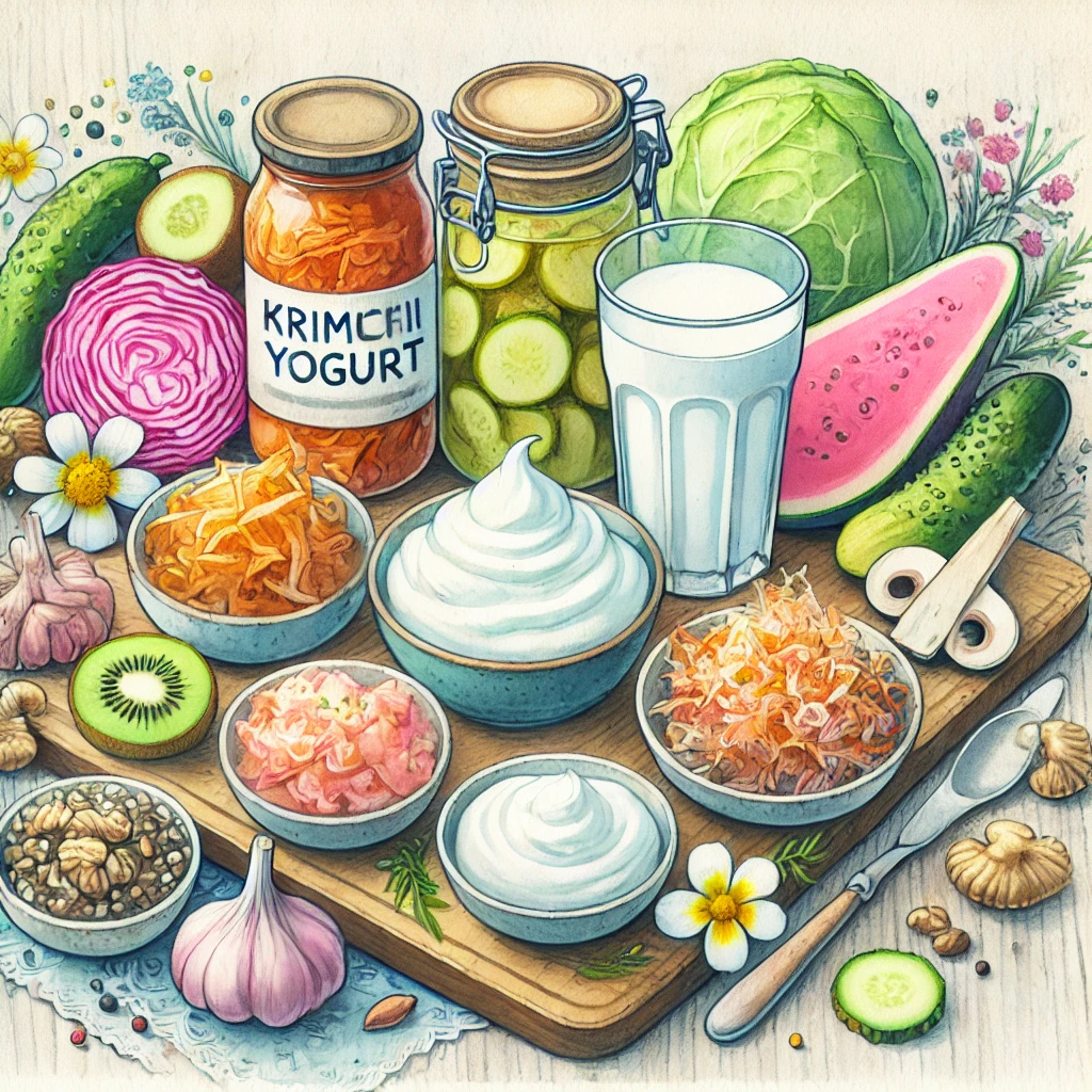 김치, 요거트, 콤부차 등 다양한 프로바이오틱스 식품들 – 유익균 섭취의 시각화