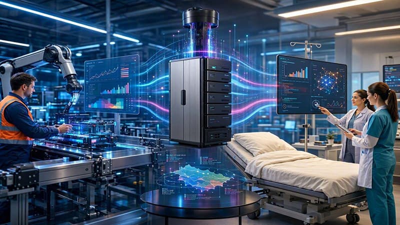 <img src="smart-factory-medical-ai.jpg" alt="스마트 팩토리와 의료 현장에서 첨단 AI 시스템이 데이터를 분석하고 예측하는 모습">