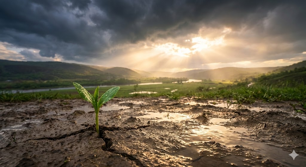거친 폭풍우가 지나간 뒤, 구름 사이로 햇살이 비치며 단단하게 굳은 땅 위에 새싹(반등)이 돋아나는 평화로운 풍경