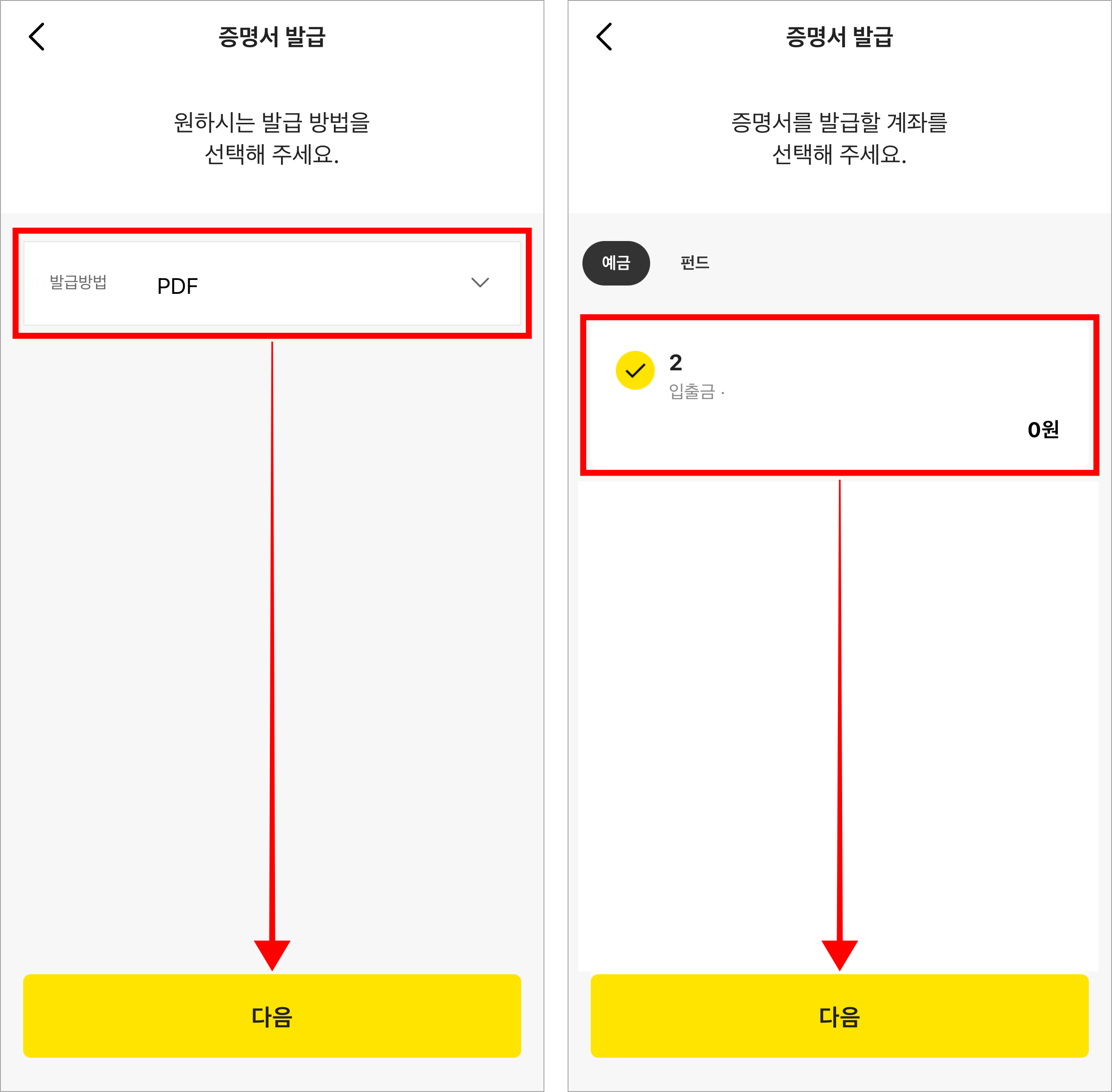 발급 방법을 선택하고 다음을 선택하고 계좌를 선택하고 다음을 선택