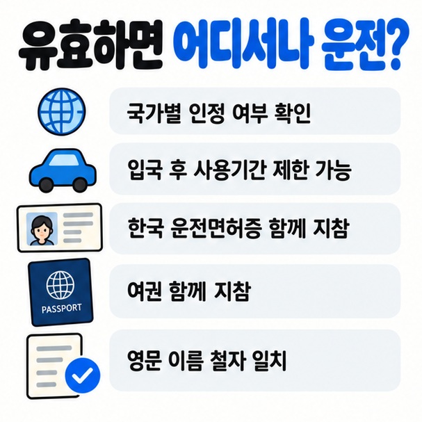 국가별 인정 여부 입국 후 사용기간 한국 면허증 여권 영문 이름 일치를 확인하는 해외 운전 체크 이미지